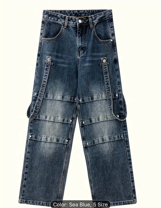 Men’s Loose Fit Wide Leg Jeans With Belt Detail